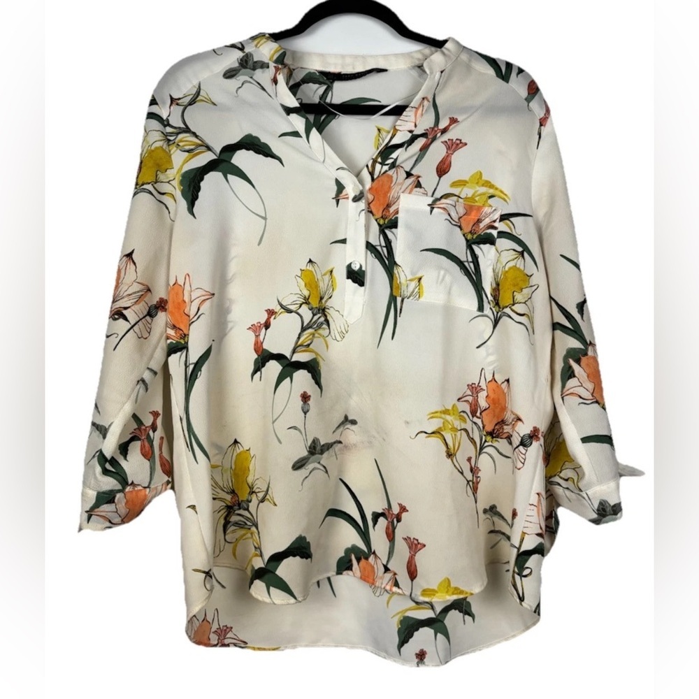 Zara Basic Collection Women’s Tan Floral Blouse 3/4 Tie Sleeve Top Large